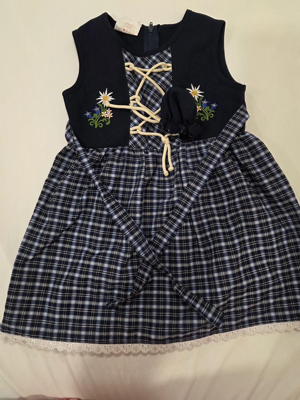 Navy Plaid Girls' Dress with Embroidered Bodice